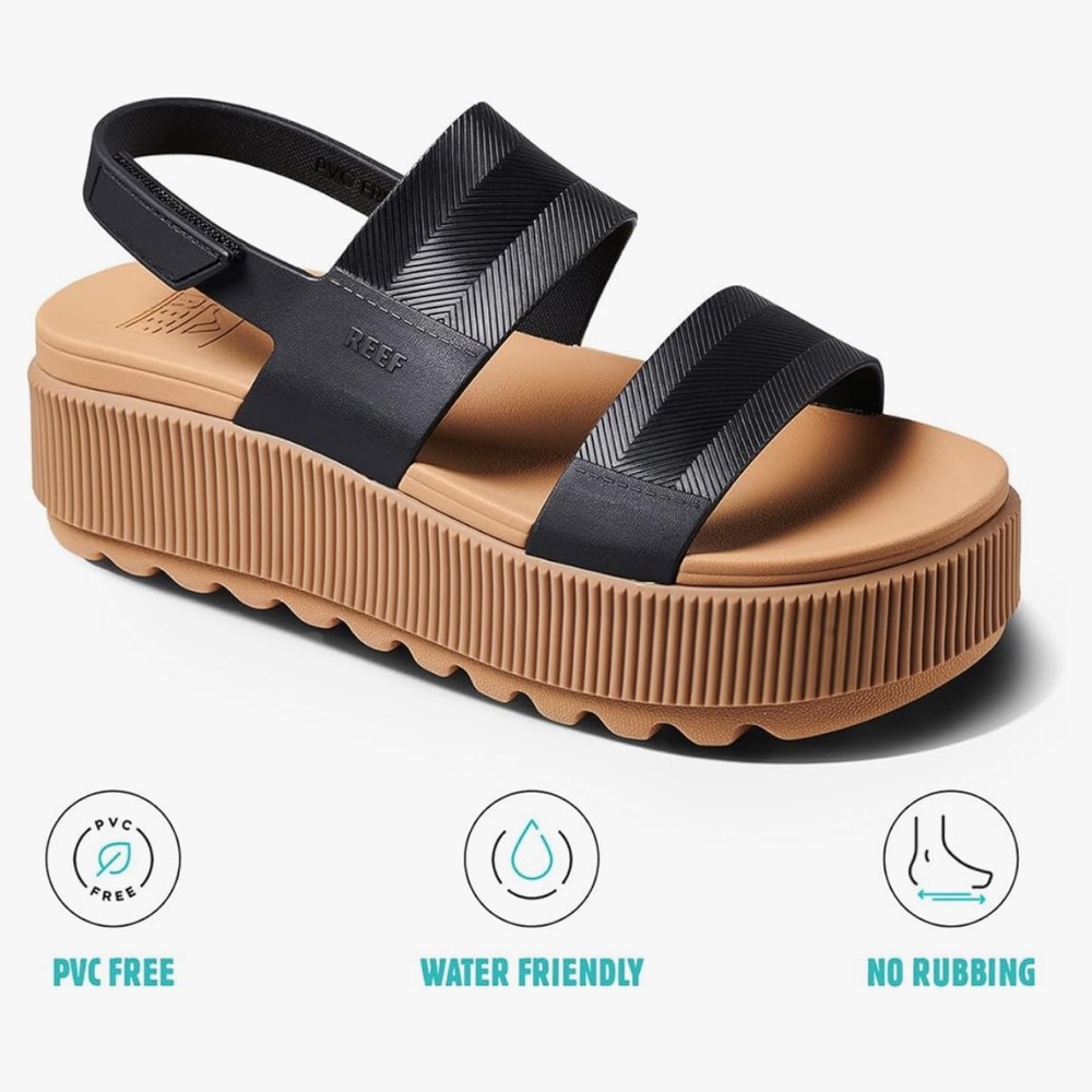 Reef Black and Tan Water Vista Higher Platform Sandals, Size 8